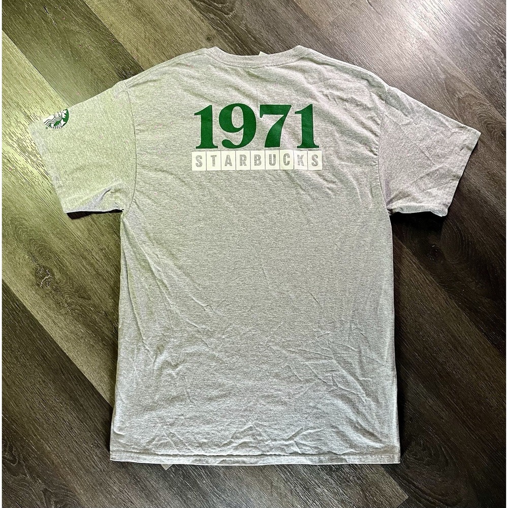 Vintage Y2K Starbucks Coffee 50 Years 1971 Grey Shirt Promo Large Drink